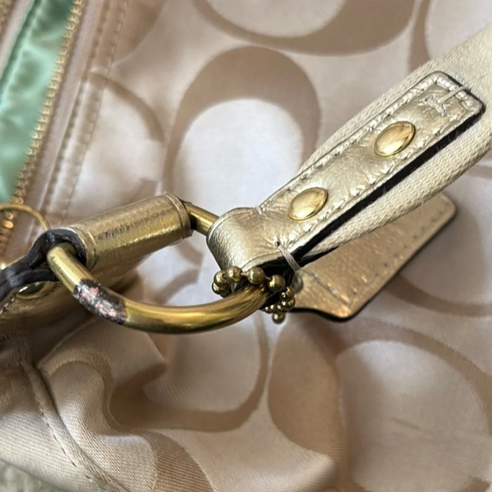 COACH Poppy Khaki Sateen Logo Multicolor Applique Shoulder Hobo Bag - F17586